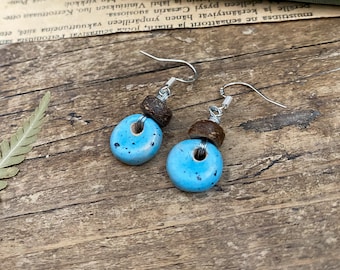 Blue Ceramic earrings, Rustic ceramic Earrings
