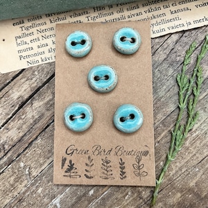 Ceramic Green Buttons, set of 5 Turquoise buttons, Pottery buttons