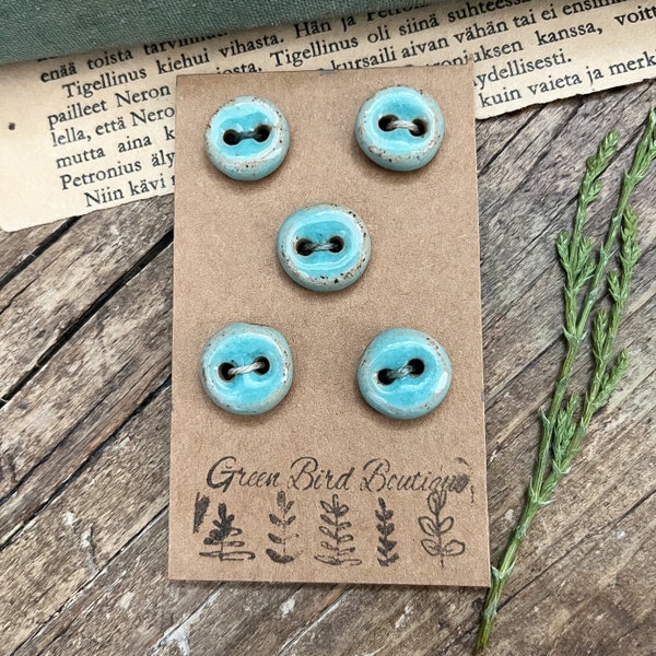 Ceramic Green Buttons, set of 5 Turquoise buttons, Pottery buttons