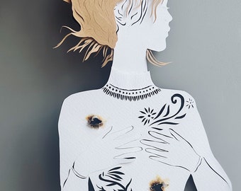 Paper cut collage, hand cut paper art  “Wounds” original paper cutting with burnt areas and paper cuts, art silhouette of a girl, paper art.