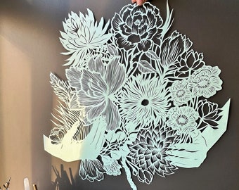 Paper cut art “Bouquet in hands” original paper cutting of a light blue flowers in hands , ooak artwork, wall hanging for home, made 2024