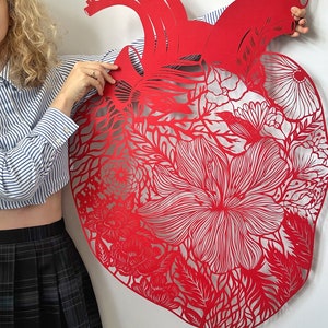 Paper cut art, big hand cut paper cutting “Anatomical heart” original papercut in red colour , ooak art, wall hanging artwork made 2024