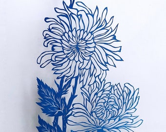 Paper cut art , flower silhouette ,"Chrysanthemums" Paper art work , original paper cutting in blue colour, hand cut art, wall decoration.