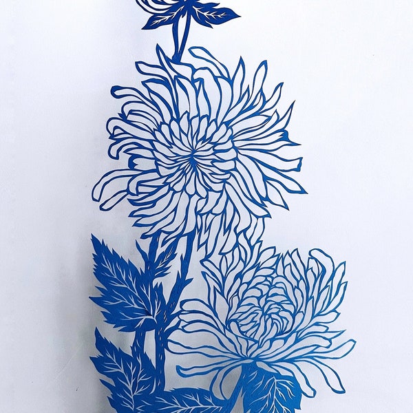 Paper cut art , flower silhouette ,"Chrysanthemums" Paper art work , original paper cutting in blue colour, hand cut art, wall decoration.
