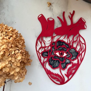 Small Paper cut , heart silhouette, &quot; Sight&quot; Paper art work, original paper cutting in red color, hand cut art by Eugenia Zoloto, 2025