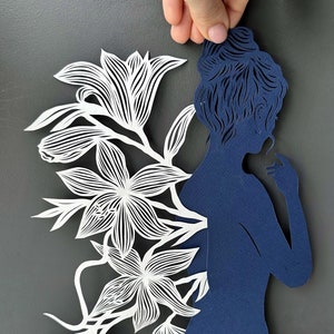 Collage paper cut , girls with flowers,&quot;Lilies &quot; Paper art work , original paper cutting in white and dark blue colors, hand cut art.