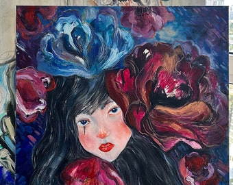 Moderne Ölkunst, Mixed-Media-Gemälde „Eine Träne“, Öl, Acryl und Pastell auf Leinwand, Originalkunstwerk, Ooak-Leinwand auf einem Rahmen, Wanddekoration