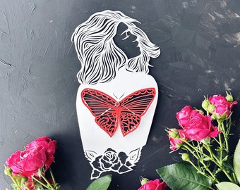 Art Paper cut , girls silhouette lace , " Butterfly " Paper art work , original paper cutting in white color, hand cut art.