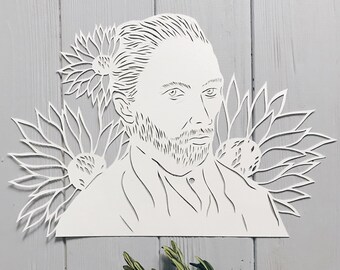 Art Paper Cut " Van Gogh " Hand cut Papercut, Original Paper Cutting Artwork Van Gogh Silhouette with paper florals, 2018