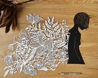 Art Paper cut, girls silhouette " Our love will grow again " Paper art work , original paper cutting in black and white color, hand cut art.