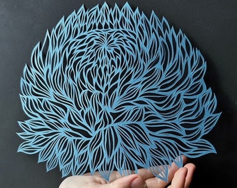 Hand cut Paper art silhouette. “Fluffy flower” blue artwork, floral art, small decor, micro cuts, art by Eugenia Zoloto