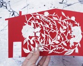 OOAK Postcard "The home is where the heart is" original paper cut card . Paper cutting art work  by Eugenia Zoloto . Artistic card.