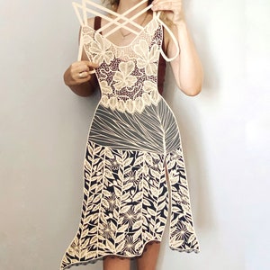 Paper cut artwork , hand cut paper dress “ Ivory “ original paper cutting, mixed colored collage , hand cut art  dress with floral laces.