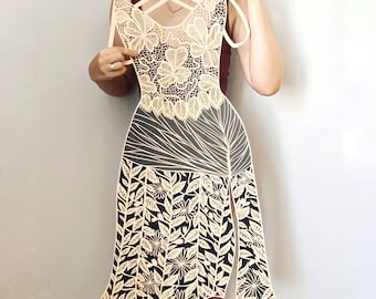 Paper cut artwork , hand cut paper dress “ Ivory “ original paper cutting, mixed colored collage , hand cut art  dress with floral laces.