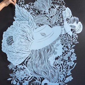 Paper cut artwork , large hand cut paper art &quot; Bluebells &quot; original paper cutting in light blue color , art silhouette of a girl, wall decor