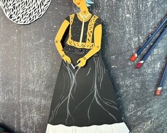 Articulated doll, womans silhouette , " Frida " Paper art work , original paper cut collage, hand cut art, original paper doll , 2024