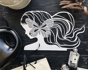 Art Paper cut , girls silhouette lace , " Butterfly " Paper art work , original paper cutting in white color, hand cut art.