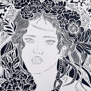 Paper cut artwork , big hand cut paper art “Ukraine“ original paper cutting in white color , art silhouette of a girl with laces and flowers