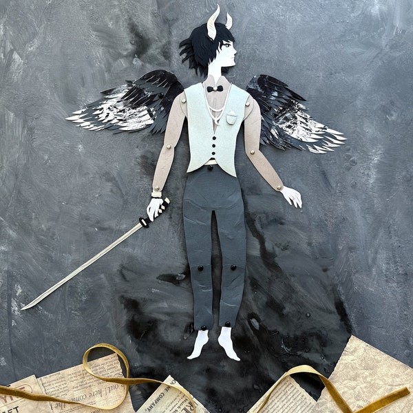 Articulated doll, boy silhouette , " Demon Tengu " Paper art work , original paper cut collage, hand cut art, original paper doll.