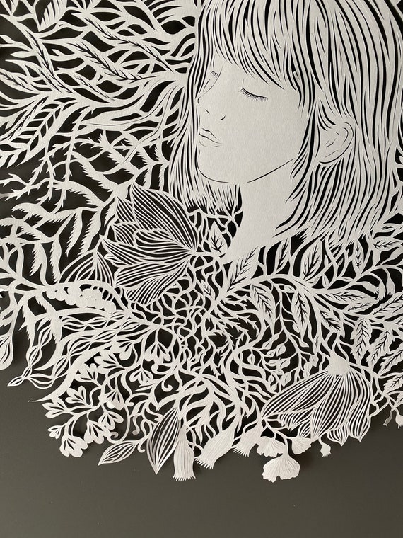 Paper Cut Artwork , Large Hand Cut Paper Art One Summer Evening Original  Paper Cutting in Light Gray Color , Art Silhouette of a Girl 