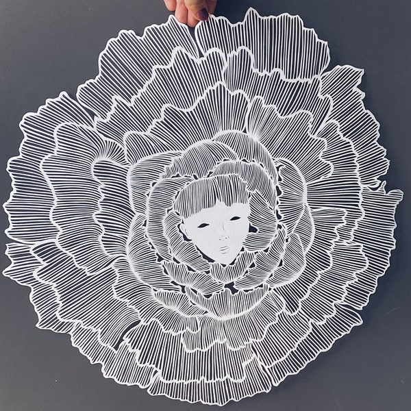 Paper cut artwork , big hand cut paper art « Flower center ” original paper cutting in white color , art silhouette of a girl in a flower .