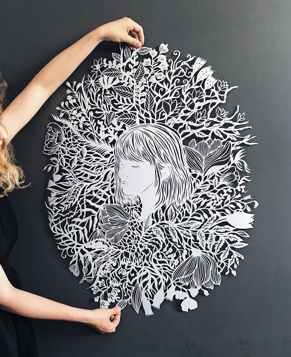 Paper Cut Artwork , Large Hand Cut Paper Art One Summer Evening Original  Paper Cutting in Light Gray Color , Art Silhouette of a Girl 