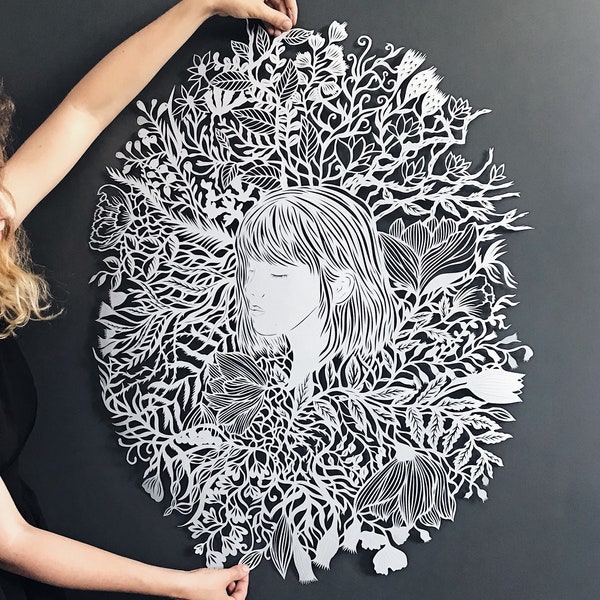 Paper cut artwork , large hand cut paper art " One summer evening " original paper cutting in light gray color , art silhouette of a girl