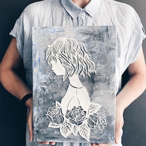 Mixed media art, acrylic canvas with paper cutting &quot; Roses &quot; Modern art , paper on a canvas. Original mixed media painting by Eugenia Zoloto