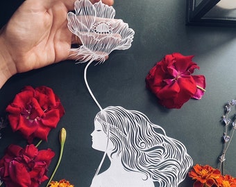 Art Paper cut , girls silhouette , " Poppy " Paper art work , original paper cutting in white color, hand cut art, small cut outs.