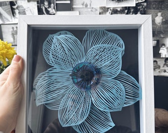 Framed paper cut collage , hand cut paper cutting in the white frame “ Blue flower” paper cut flower collage, table decor. 2023