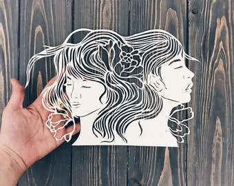 Small Paper Cut in white color " Twins " Art Papercutting , Original Paper Cut Artwork Floral Girls Silhouette , hand cut art