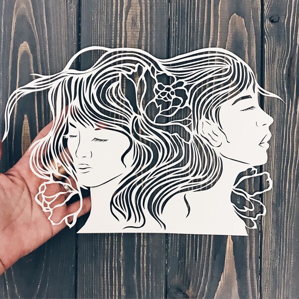 Small Paper Cut in white color " Twins " Art Papercutting , Original Paper Cut Artwork Floral Girls Silhouette , hand cut art