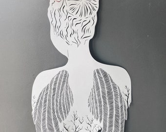 Paper cut artwork , hand cut paper art «Failty and Faith” original paper cutting in white color , girl wings silhouette by Eugenia Zoloto