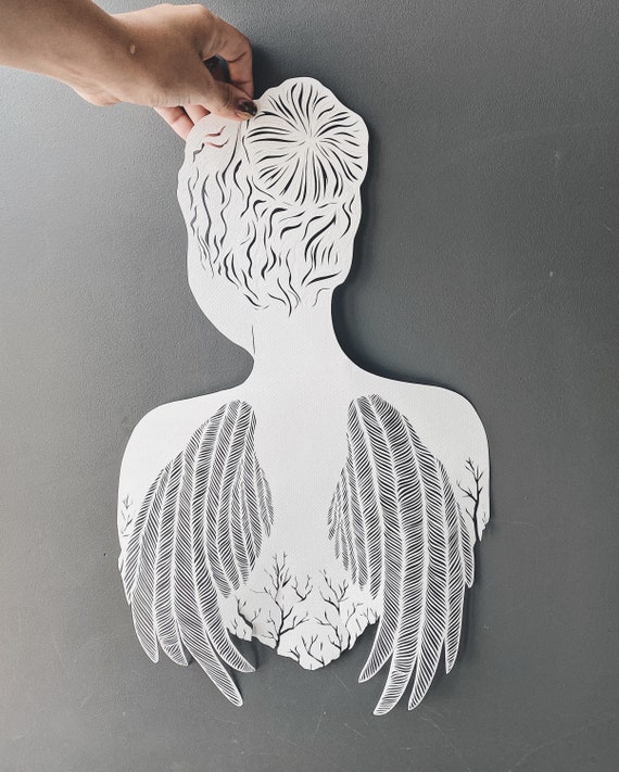 Paper cut artwork , hand cut paper art «Failty and Faith” original paper  cutting in white color , girl wings silhouette by Eugenia Zoloto