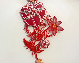 Paper collage Art " Flowers "  Paper cut collage, Original Paper Cutting Artwork Silhouette of a bouquet with flowers and leaves