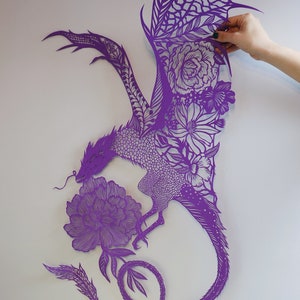 Paper cut  “Wyvern ” Papercut art work , original paper cutting of a purple fantastic creature ,hand cut artwork, wall hanging art. 2023