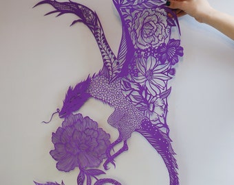 Paper cut  “Wyvern ” Papercut art work , original paper cutting of a purple fantastic creature ,hand cut artwork, wall hanging art. 2023