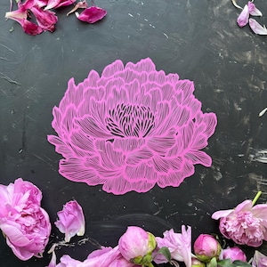 Flower Paper cut, art silhouette &quot; Peony &quot; Paper art work , original paper cutting in fuchsia color, hand cut art by Eugenia Zoloto, 2025