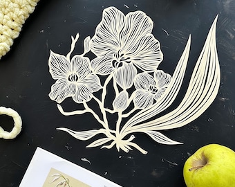 Art Paper cut , flowers silhouette, " Orchids " Paper art work , original paper cutting in beige ( light yellow) color, hand cut art, 2024