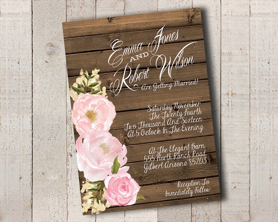 Wedding Invitaton Romantic Pink Vintage Flowers Wood Shabby | Etsy