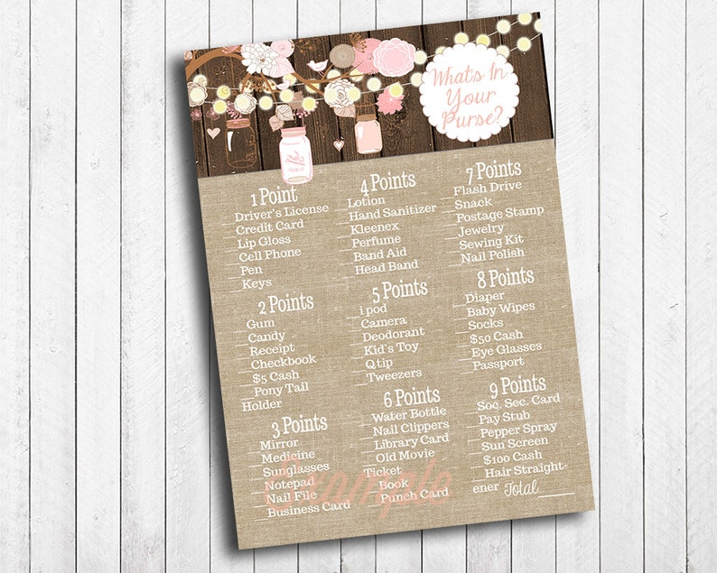 Baby Shower Whats In Your Purse Game Rustic Mason Jar Tree Branch Burlap Wood Fairy Lights Flower Instant Download Digital File - 