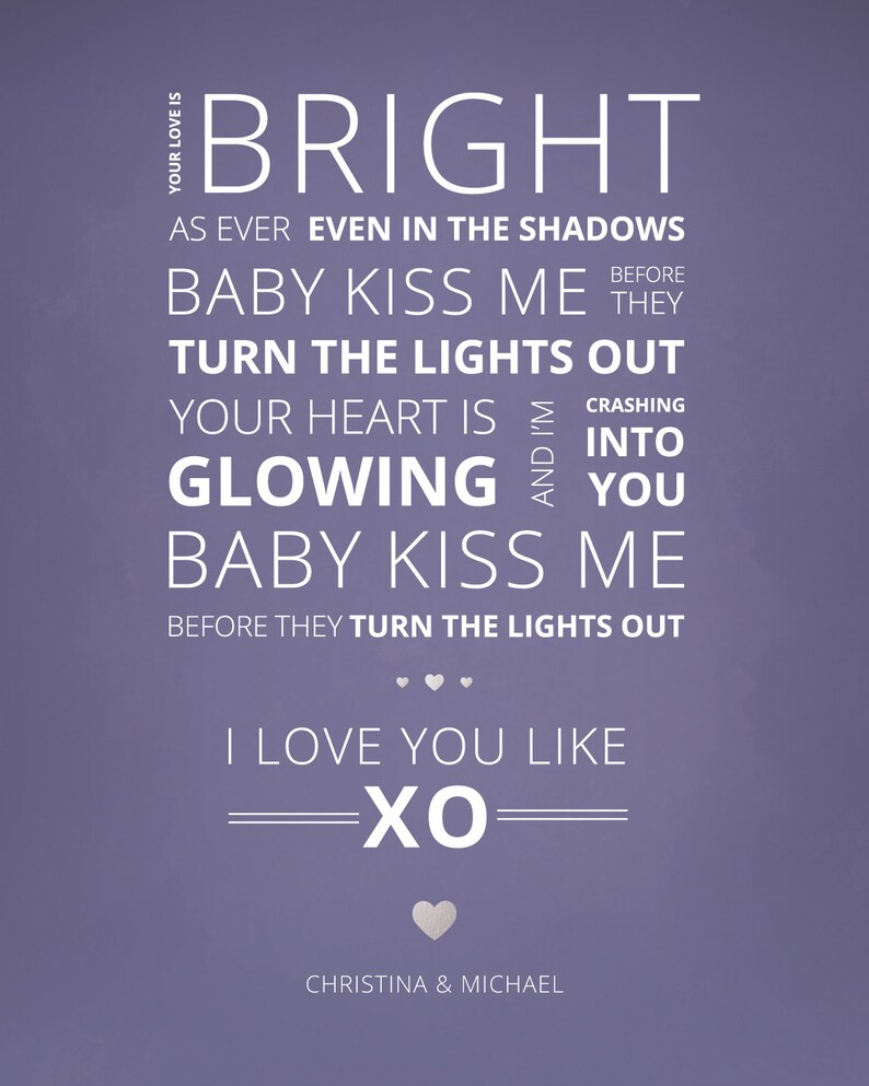 Custom Song Lyric Typography Art Print Customize Lyrics, Names, Colors