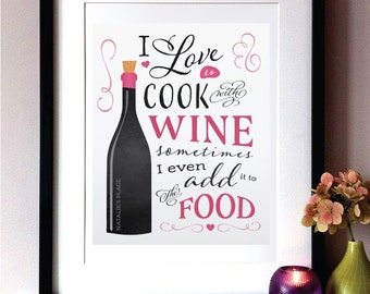 Cocina con vino tipografía arte imprimir - personalizar nombre en colores - estreno perfecto regalo para amigos, familia o anfitriona y botella de vino