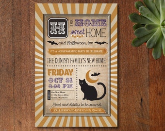 Archivo descargable - Jpeg para imprimir del gato negro y maíz de caramelo tarjeta de la invitación de inauguración de la casa de Halloween