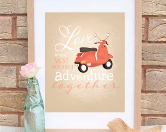 El amor es una aventura tipografía Vespa arte imprimir - personalizar con iniciales - inauguración de cita de amor, regalo parejas de recién casados
