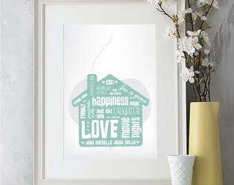 Hogar dulce hogar personalizado tipografía Art Print - personalizar para tu familia, regalo de inauguración de la casa, regalo de aniversario, único