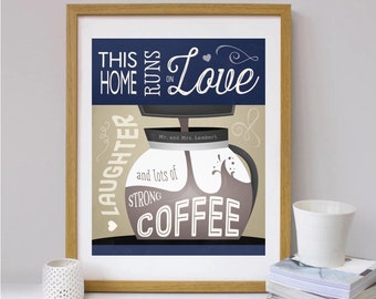 Nuestro Home Runs en la impresión del arte de la tipografía café - cafetera - personalizar el nombre y los colores - regalo de inauguración de la casa para familia amigo o usted mismo