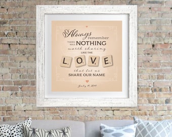 El amor para compartir nuestro nombre tipografía Scrabble arte imprimir - personalizar colores y fecha de la boda - amor cita inauguración de la casa, regalo de recién casados