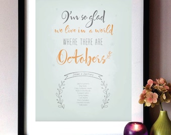 Mundo personalizable de otoño tipografía impresión arte - caída temática, octubre, regalo de recién casados o para la boda, ducha, compromiso, nuevos propietarios