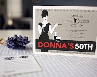 Tarjeta de invitación de cumpleaños inspirada en Mad Men - Tarjetas planas - Totalmente personalizables de los años 60, fiesta Art Deco elige tu cantidad